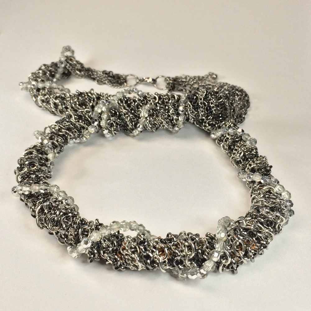 Silver Tone Multi-Chain & Crystal Necklace
